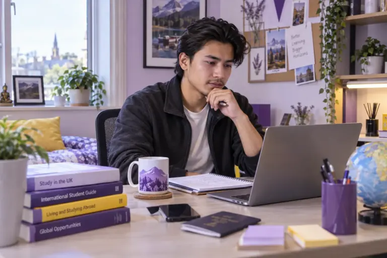 Young Nepali man with swept-back hair comparing UK university courses and intake options using a laptop and notebook for UK study planning.
