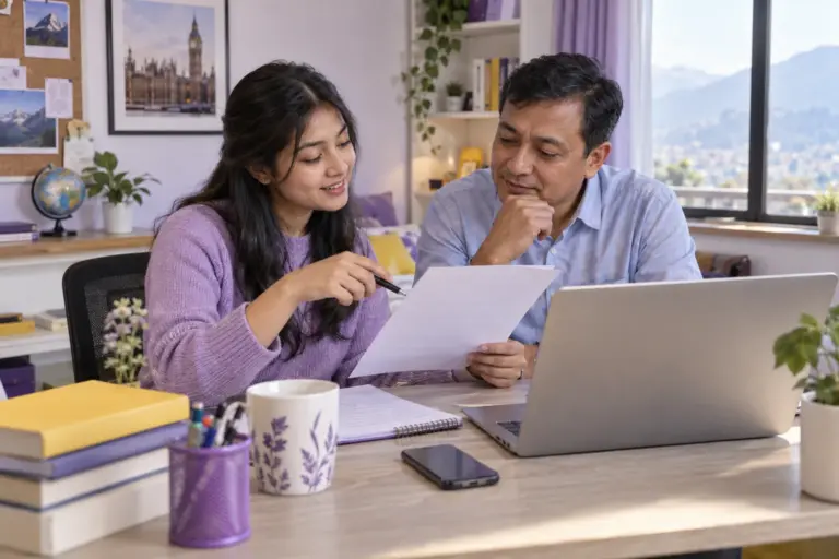 Nepali student discussing plans with a parent reviewing an unbranded study application document checklist with a laptop for UK study planning.