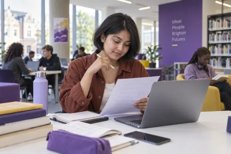 Young Nepali woman with a short bob reviewing an unbranded study application document checklist with a laptop for UK study planning.