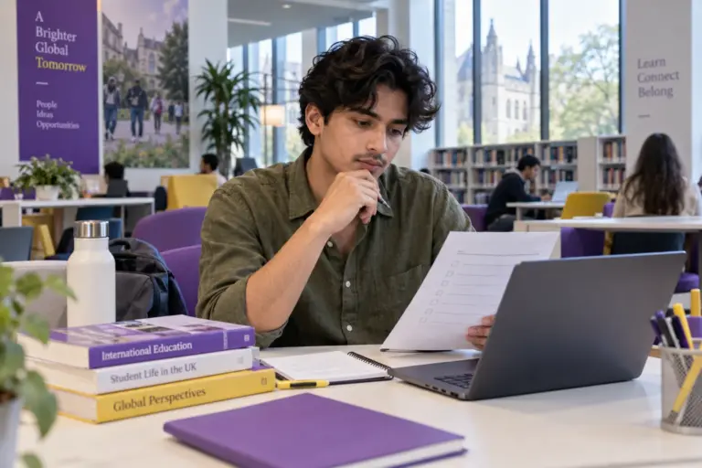 Young Nepali man with wavy hair reviewing an unbranded study application document checklist with a laptop for UK study planning.