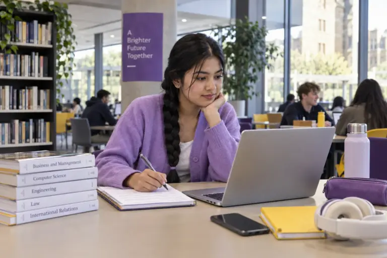 Young Nepali woman with a long braid comparing UK university courses and intake options using a laptop and notebook for UK study planning.