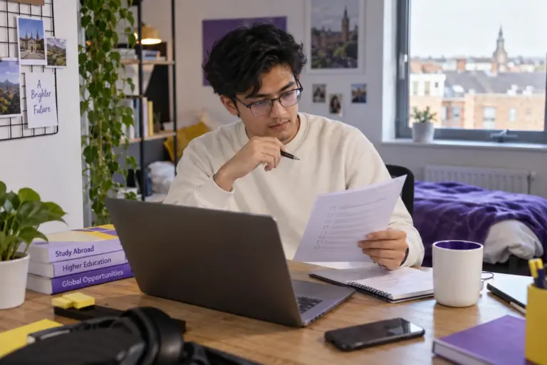 Young Nepali man with glasses reviewing an unbranded study application document checklist with a laptop for UK study planning.