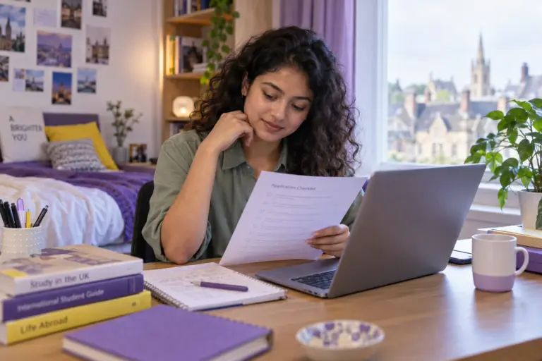 Young Nepali woman with curly hair reviewing an unbranded study application document checklist with a laptop for UK study planning.