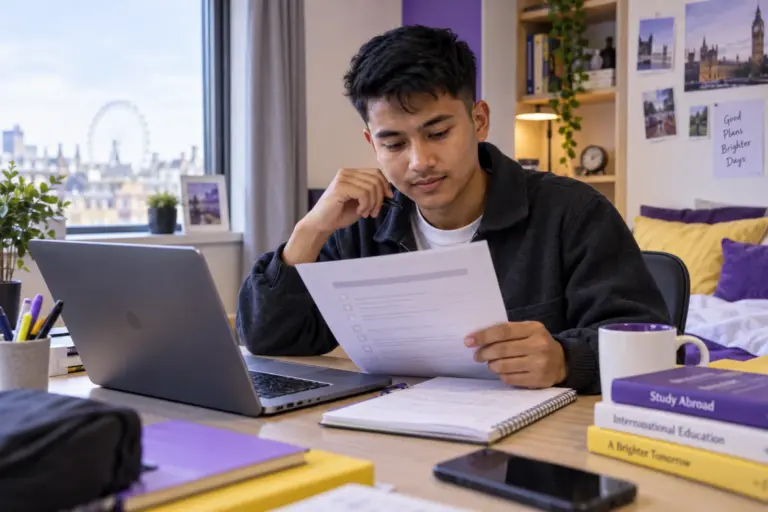 Young Nepali man with cropped hair reviewing an unbranded study application document checklist with a laptop for UK study planning.