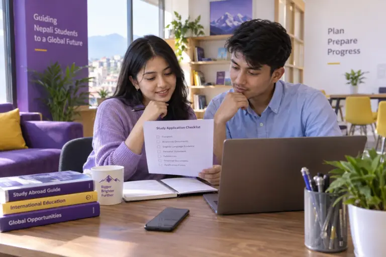 Two Nepali students, one woman and one man reviewing an unbranded study application document checklist with a laptop for UK study planning.