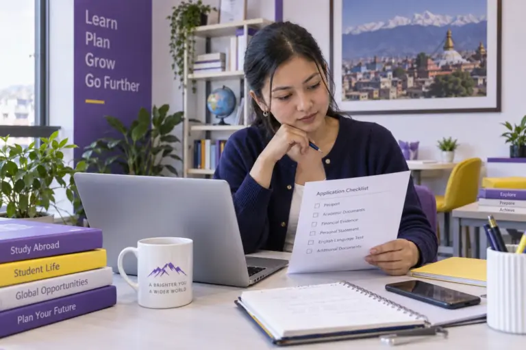 Young Nepali woman with tied-back hair reviewing an unbranded study application document checklist with a laptop for UK study planning.