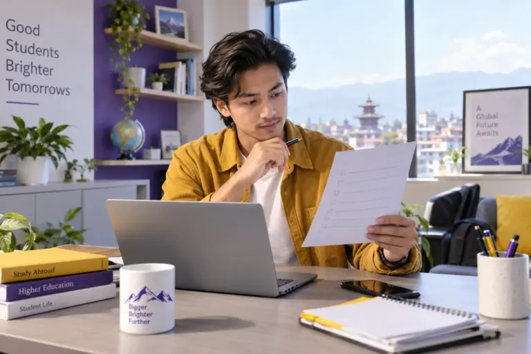 Young Nepali man with swept-back hair reviewing an unbranded study application document checklist with a laptop for UK study planning.