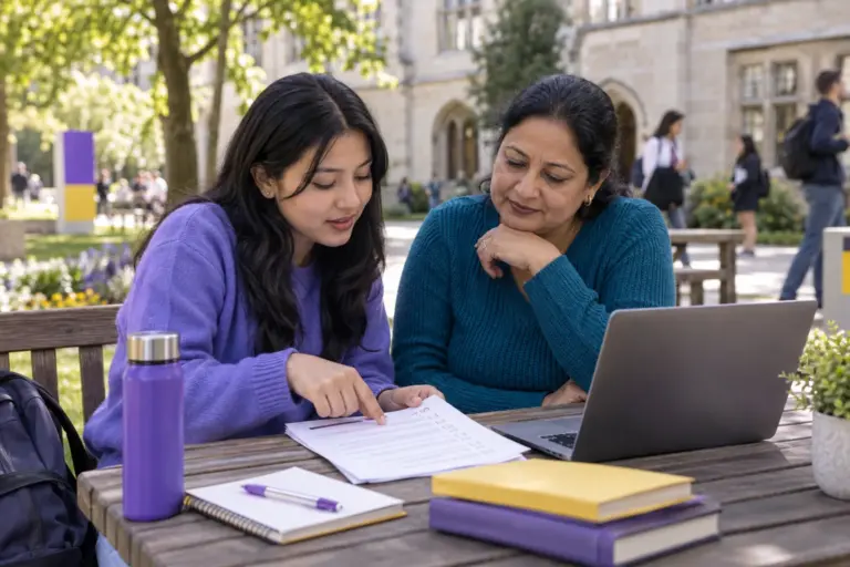 Nepali student discussing plans with a parent reviewing an unbranded study application document checklist with a laptop for UK study planning.