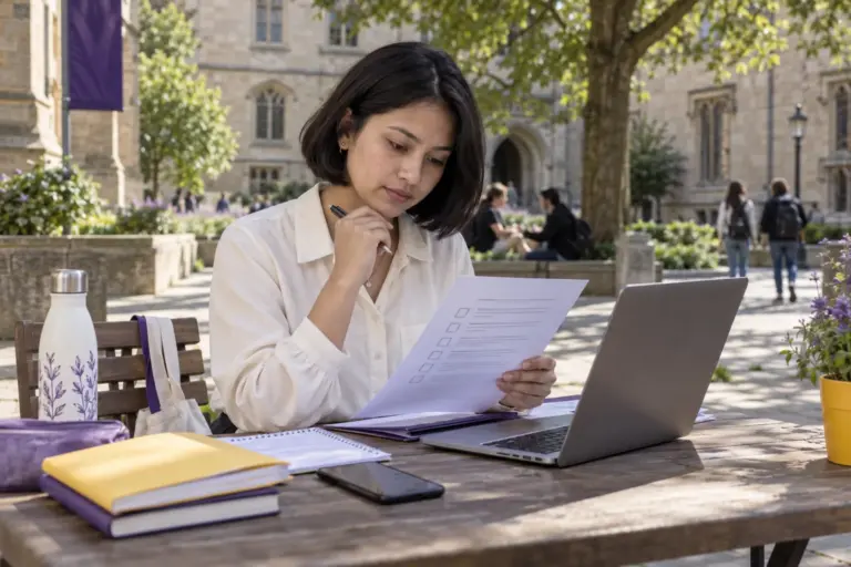 Young Nepali woman with a short bob reviewing an unbranded study application document checklist with a laptop for UK study planning.