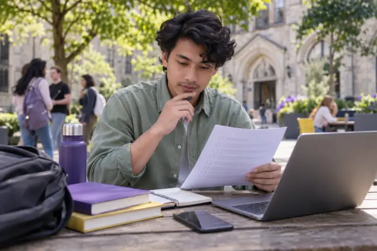 Young Nepali man with wavy hair reviewing an unbranded study application document checklist with a laptop for UK study planning.