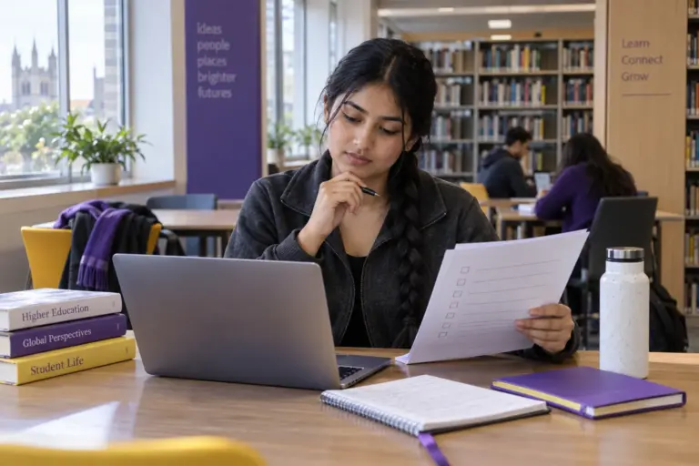 Young Nepali woman with a long braid reviewing an unbranded study application document checklist with a laptop for UK study planning.