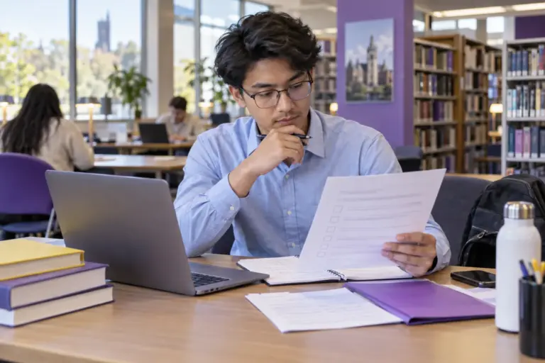 Young Nepali man with glasses reviewing an unbranded study application document checklist with a laptop for UK study planning.
