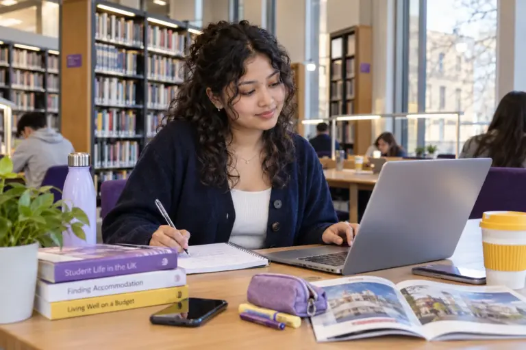Young Nepali woman with curly hair planning student accommodation and everyday campus life with a notebook and laptop in a welcoming UK study setting for UK study planning.