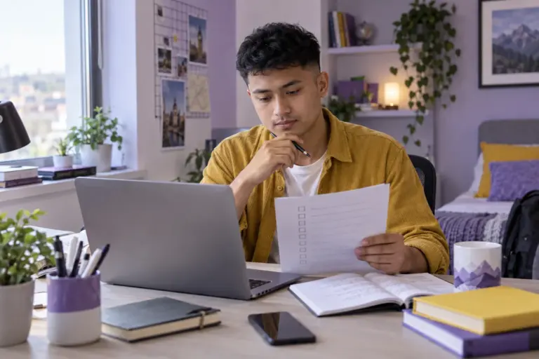 Young Nepali man with cropped hair reviewing an unbranded study application document checklist with a laptop for UK study planning.