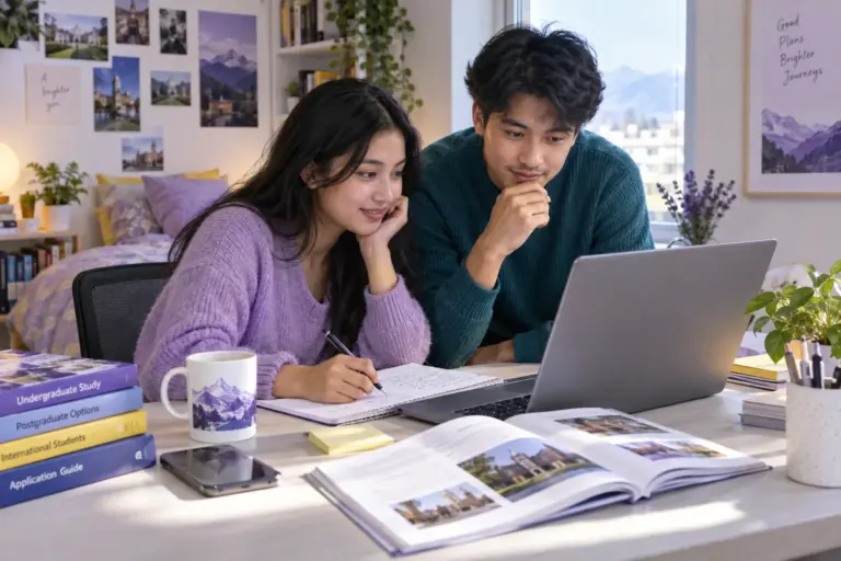 Two Nepali students, one woman and one man comparing UK university courses and intake options using a laptop and notebook for UK study planning.