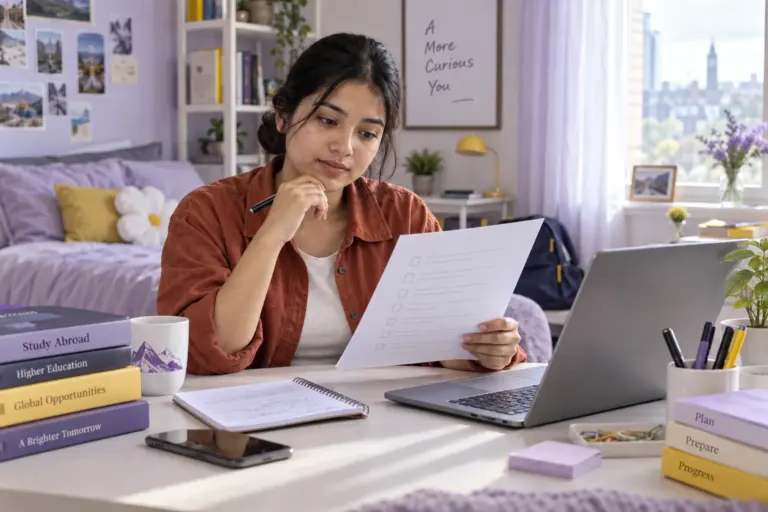 Young Nepali woman with tied-back hair reviewing an unbranded study application document checklist with a laptop for UK study planning.