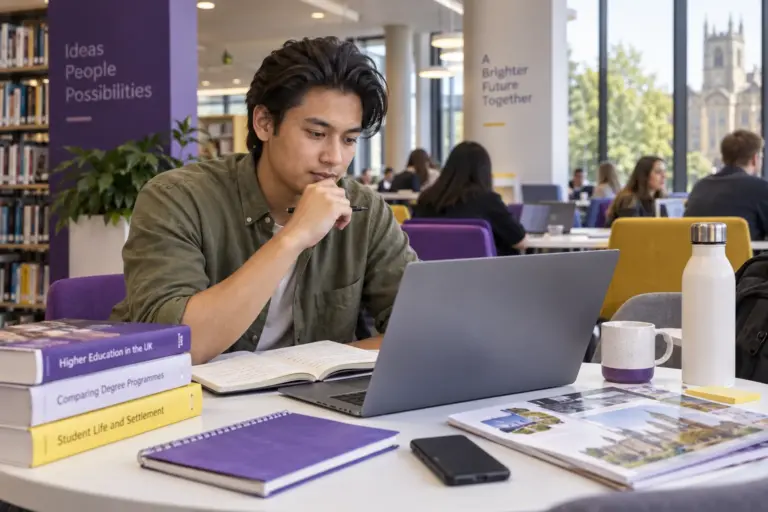 Young Nepali man with swept-back hair comparing UK university courses and intake options using a laptop and notebook for UK study planning.