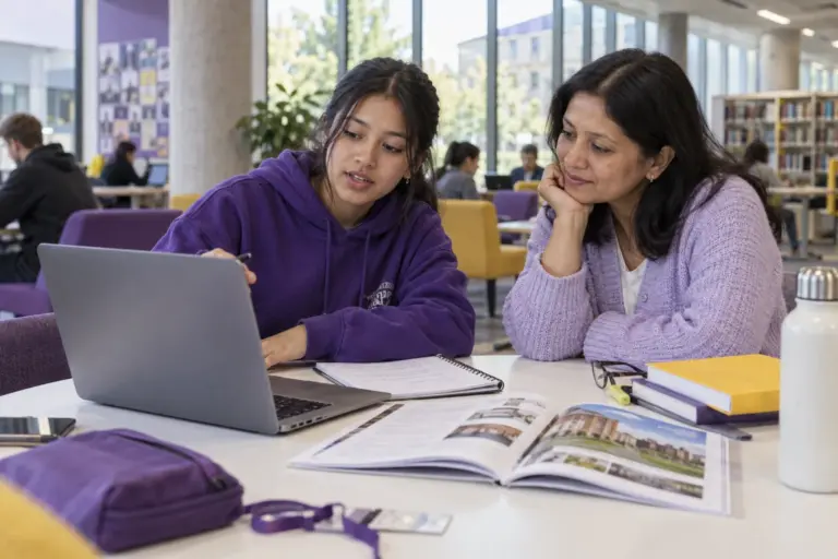 Nepali student discussing plans with a parent comparing UK university courses and intake options using a laptop and notebook for UK study planning.
