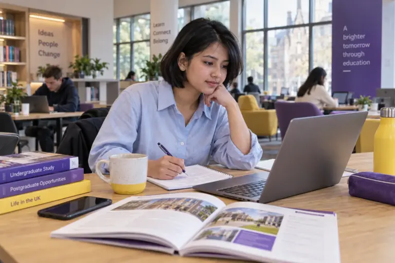 Young Nepali woman with a short bob comparing UK university courses and intake options using a laptop and notebook for UK study planning.
