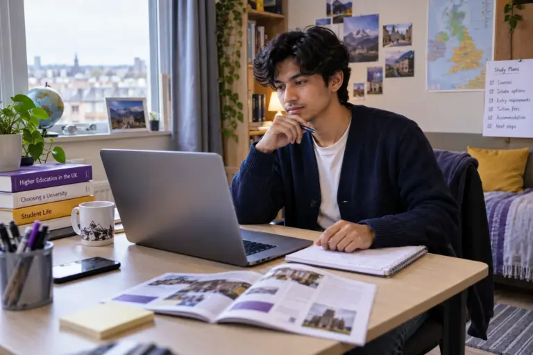 Young Nepali man with wavy hair comparing UK university courses and intake options using a laptop and notebook for UK study planning.