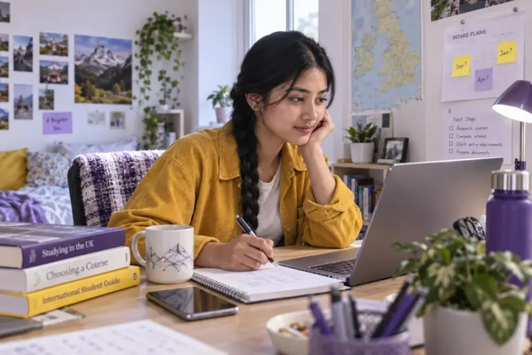 Young Nepali woman with a long braid comparing UK university courses and intake options using a laptop and notebook for UK study planning.