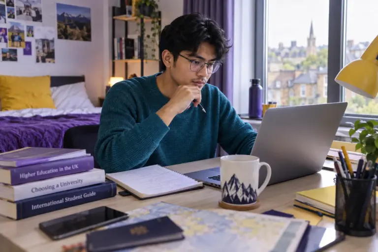 Young Nepali man with glasses comparing UK university courses and intake options using a laptop and notebook for UK study planning.