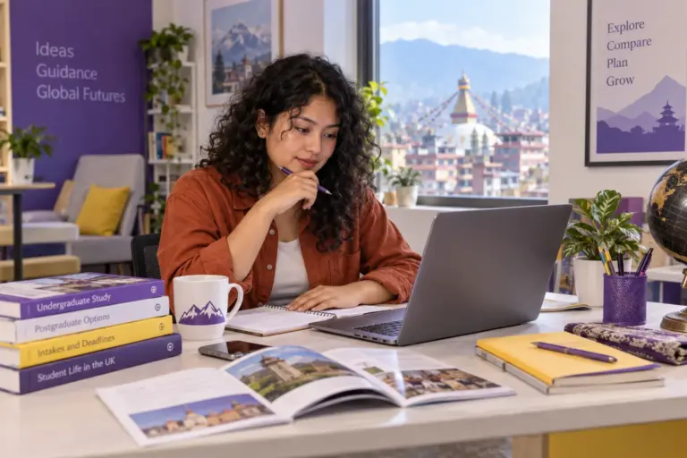 Young Nepali woman with curly hair comparing UK university courses and intake options using a laptop and notebook for UK study planning.