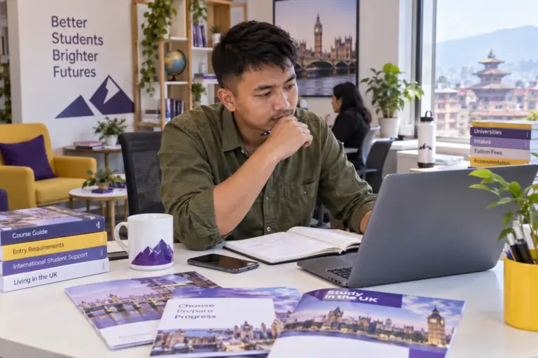 Young Nepali man with cropped hair comparing UK university courses and intake options using a laptop and notebook for UK study planning.