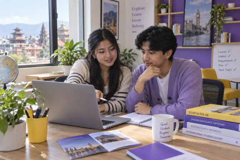 Two Nepali students, one woman and one man comparing UK university courses and intake options using a laptop and notebook for UK study planning.