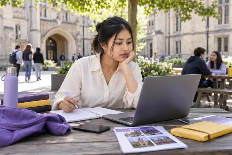Young Nepali woman with tied-back hair comparing UK university courses and intake options using a laptop and notebook for UK study planning.