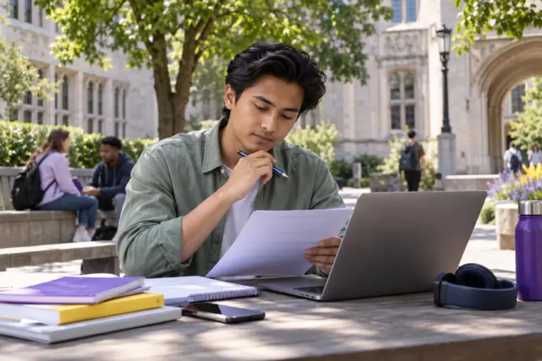 Young Nepali man with swept-back hair reviewing an unbranded study application document checklist with a laptop for UK study planning.