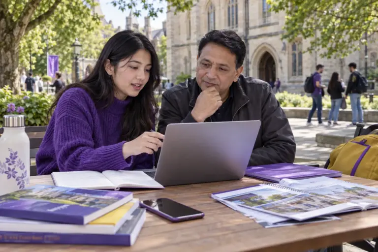Nepali student discussing plans with a parent comparing UK university courses and intake options using a laptop and notebook for UK study planning.