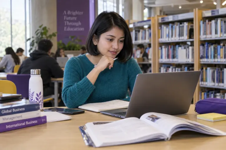 Young Nepali woman with a short bob comparing UK university courses and intake options using a laptop and notebook for UK study planning.