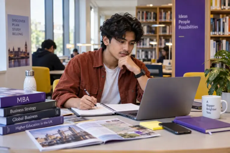 Young Nepali man with wavy hair comparing UK university courses and intake options using a laptop and notebook for UK study planning.