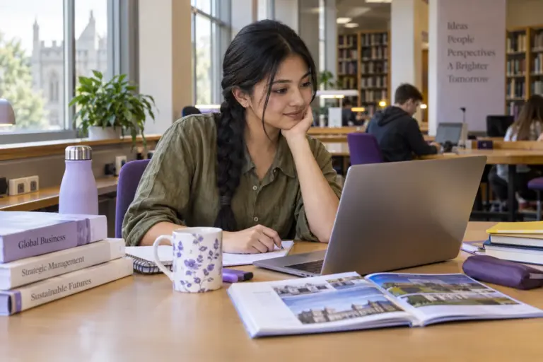 Young Nepali woman with a long braid comparing UK university courses and intake options using a laptop and notebook for UK study planning.