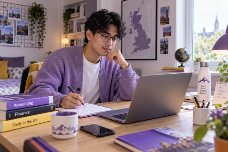 Young Nepali man with glasses comparing UK university courses and intake options using a laptop and notebook for UK study planning.