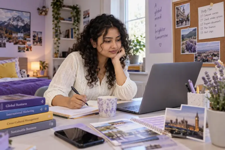 Young Nepali woman with curly hair comparing UK university courses and intake options using a laptop and notebook for UK study planning.