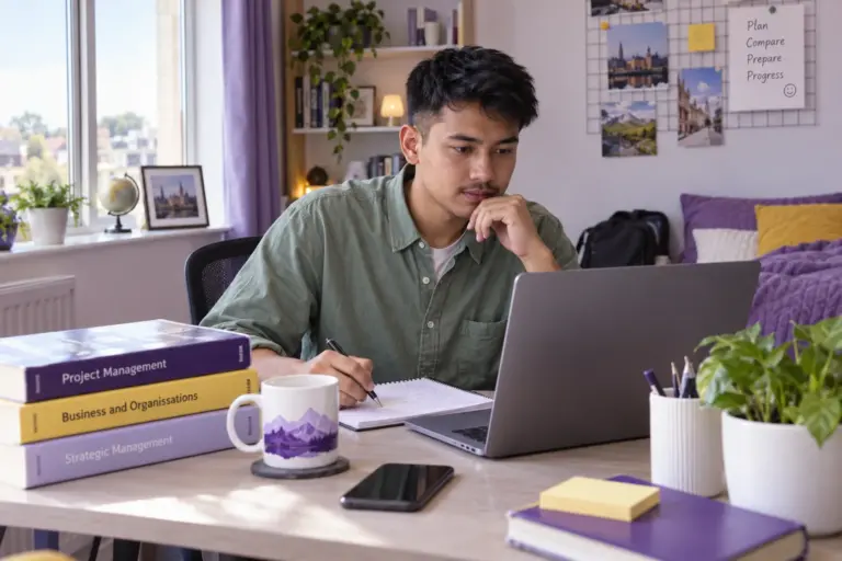 Young Nepali man with cropped hair comparing UK university courses and intake options using a laptop and notebook for UK study planning.