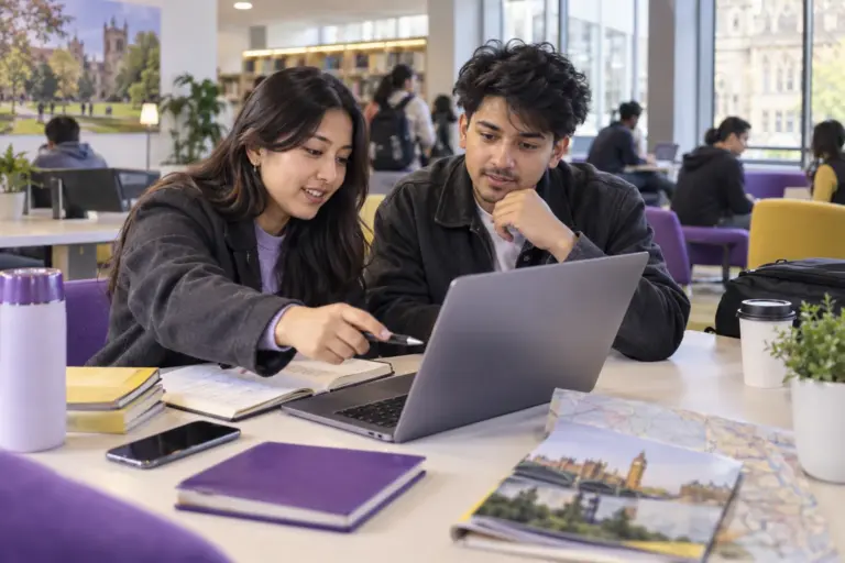 Two Nepali students, one woman and one man comparing UK university courses and intake options using a laptop and notebook for UK study planning.