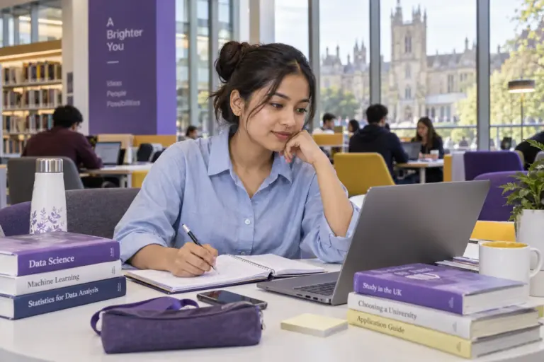 Young Nepali woman with tied-back hair comparing UK university courses and intake options using a laptop and notebook for UK study planning.