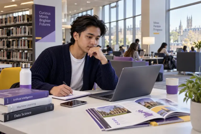 Young Nepali man with swept-back hair comparing UK university courses and intake options using a laptop and notebook for UK study planning.