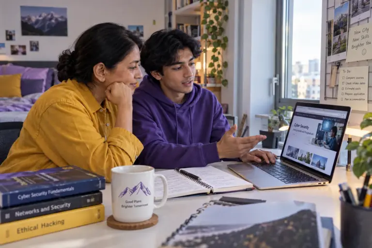 Nepali student discussing plans with a parent comparing UK university courses and intake options using a laptop and notebook for UK study planning.