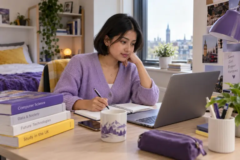 Young Nepali woman with a short bob comparing UK university courses and intake options using a laptop and notebook for UK study planning.