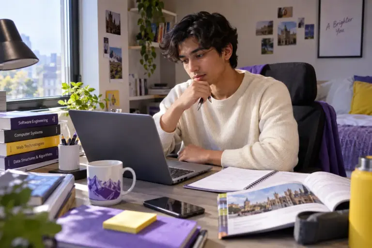 Young Nepali man with wavy hair comparing UK university courses and intake options using a laptop and notebook for UK study planning.