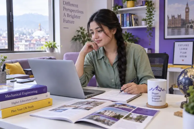 Young Nepali woman with a long braid comparing UK university courses and intake options using a laptop and notebook for UK study planning.