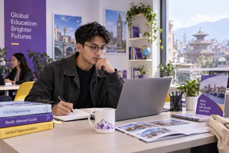 Young Nepali man with glasses comparing UK university courses and intake options using a laptop and notebook for UK study planning.