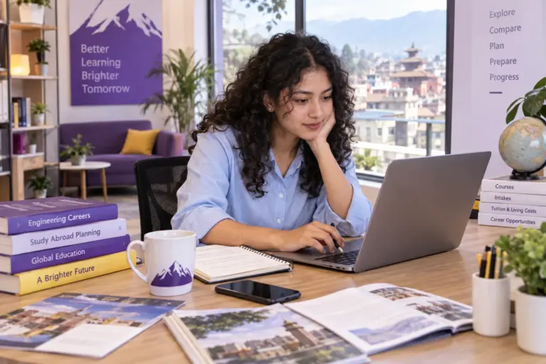 Young Nepali woman with curly hair comparing UK university courses and intake options using a laptop and notebook for UK study planning.