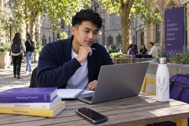 Young Nepali man with cropped hair comparing UK university courses and intake options using a laptop and notebook for UK study planning.