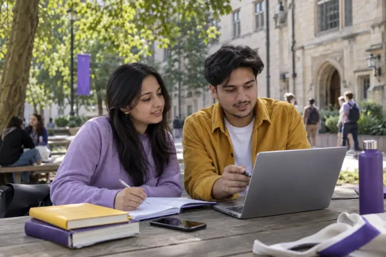 Two Nepali students, one woman and one man comparing UK university courses and intake options using a laptop and notebook for UK study planning.