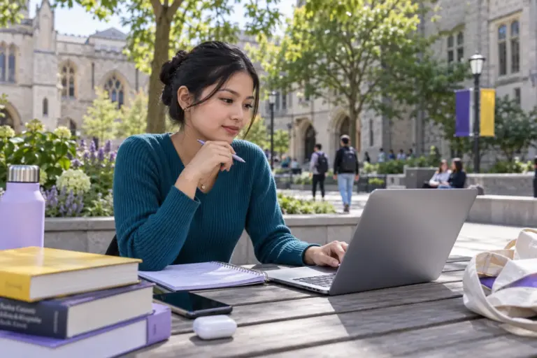 Young Nepali woman with tied-back hair comparing UK university courses and intake options using a laptop and notebook for UK study planning.